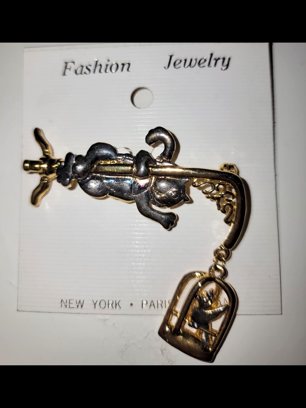 Fashion Jewelry Gold and Gunmetal Cat with Birdcage Charm Brooch - Picture 2 of 2